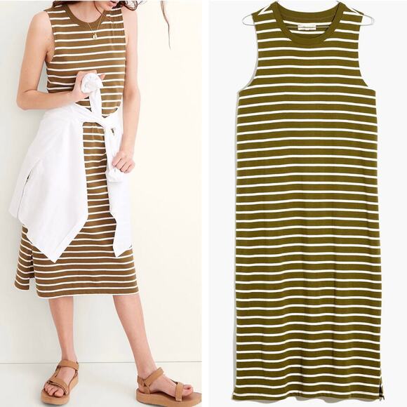 Madewell Dresses & Skirts - Madewell Olive and White Striped Midi Dress
